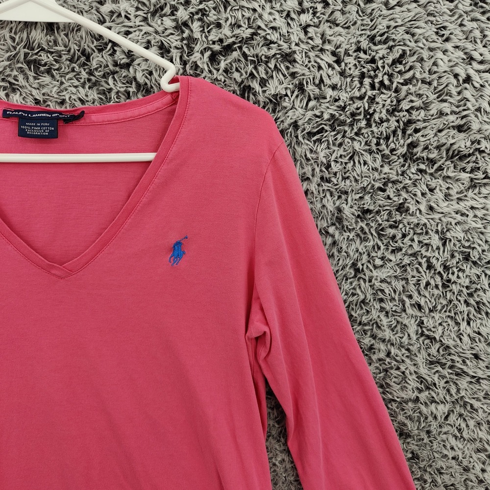 Ralph Lauren Sport Womens Preppy V-Neck Long Sleeve Tee L Pink Pima Cotton Pony - Picture 8 of 15